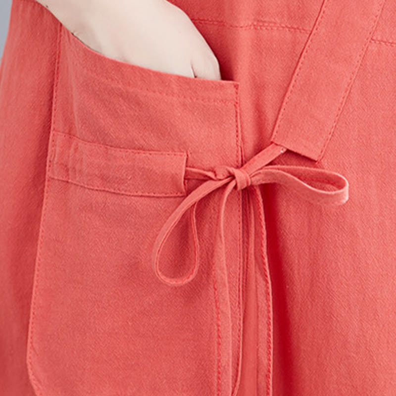 Buddha Stones Sommer-Midikleid aus Baumwolle und Leinen mit Taschen, leger, einfarbig, mit Schnürung, Rundhalsausschnitt, kurzärmlig - image 14