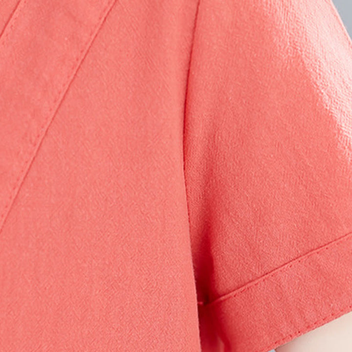 Buddha Stones Sommer-Midikleid aus Baumwolle und Leinen mit Taschen, leger, einfarbig, mit Schnürung, Rundhalsausschnitt, kurzärmlig - image 15