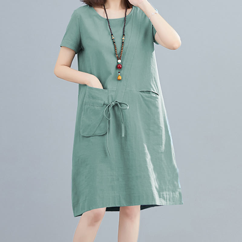 Buddha Stones Sommer-Midikleid aus Baumwolle und Leinen mit Taschen, leger, einfarbig, mit Schnürung, Rundhalsausschnitt, kurzärmlig - image 18