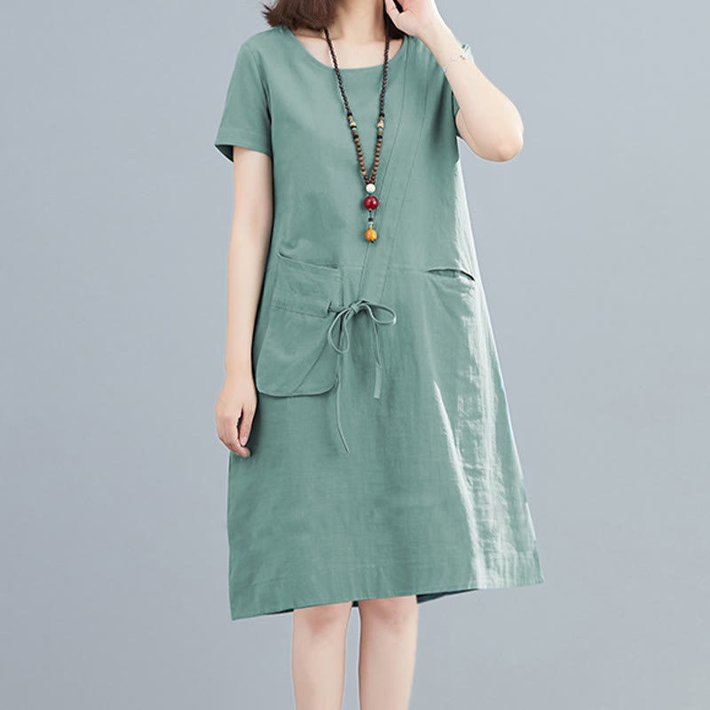 Buddha Stones Sommer-Midikleid aus Baumwolle und Leinen mit Taschen, leger, einfarbig, mit Schnürung, Rundhalsausschnitt, kurzärmlig - MittelAquamarin - US8-10， UK/AU12-14，EU40-42 (2XL) - image 16