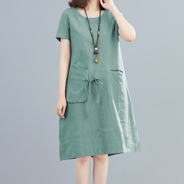 Buddha Stones Sommer-Midikleid aus Baumwolle und Leinen mit Taschen, leger, einfarbig, mit Schnürung, Rundhalsausschnitt, kurzärmlig - MittelAquamarin - US8-10， UK/AU12-14，EU40-42 (2XL) - image 16