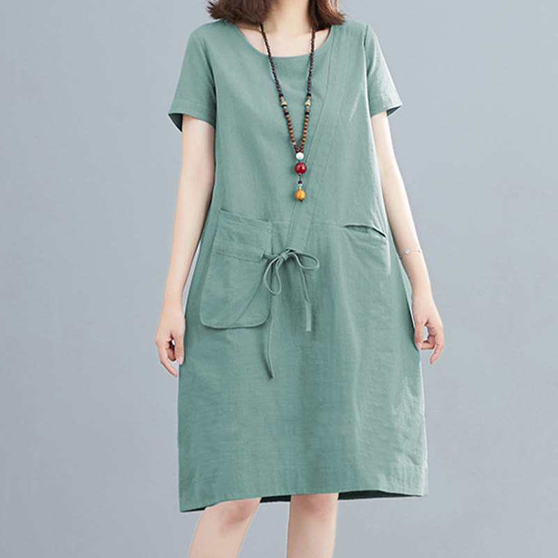 Buddha Stones Sommer-Midikleid aus Baumwolle und Leinen mit Taschen, leger, einfarbig, mit Schnürung, Rundhalsausschnitt, kurzärmlig - image 17