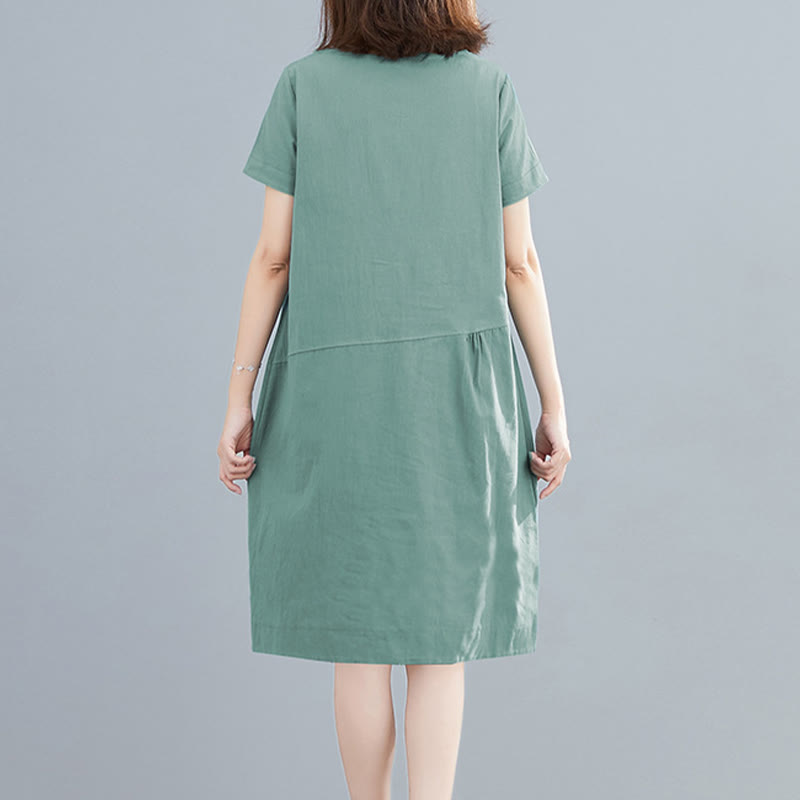 Buddha Stones Sommer-Midikleid aus Baumwolle und Leinen mit Taschen, leger, einfarbig, mit Schnürung, Rundhalsausschnitt, kurzärmlig - image 19