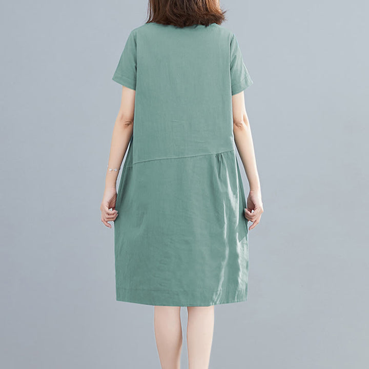 Buddha Stones Sommer-Midikleid aus Baumwolle und Leinen mit Taschen, leger, einfarbig, mit Schnürung, Rundhalsausschnitt, kurzärmlig - image 19