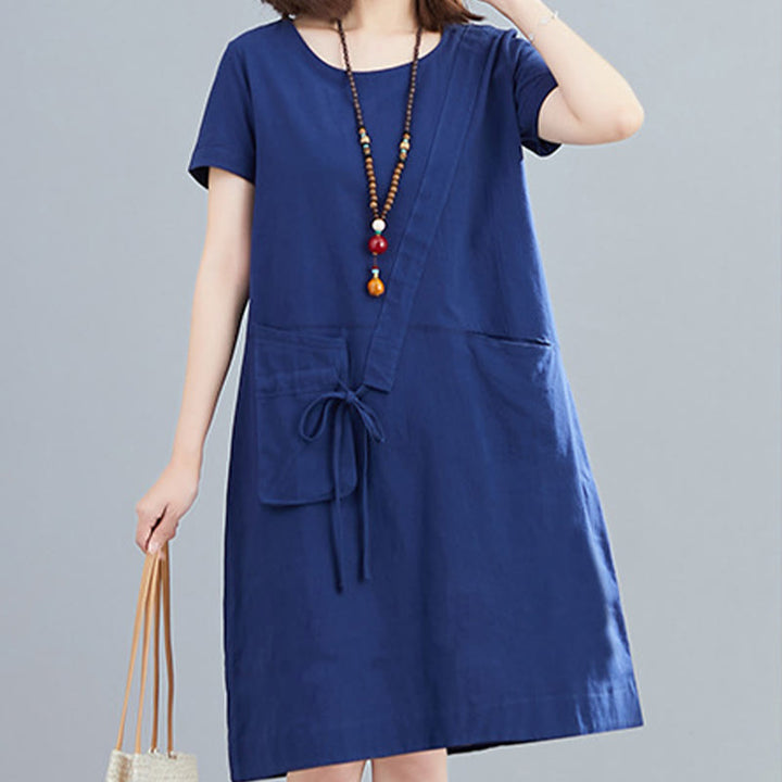 Buddha Stones Sommer-Midikleid aus Baumwolle und Leinen mit Taschen, leger, einfarbig, mit Schnürung, Rundhalsausschnitt, kurzärmlig - image 22