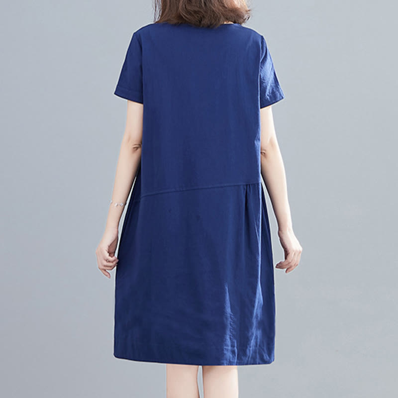 Buddha Stones Sommer-Midikleid aus Baumwolle und Leinen mit Taschen, leger, einfarbig, mit Schnürung, Rundhalsausschnitt, kurzärmlig - image 24