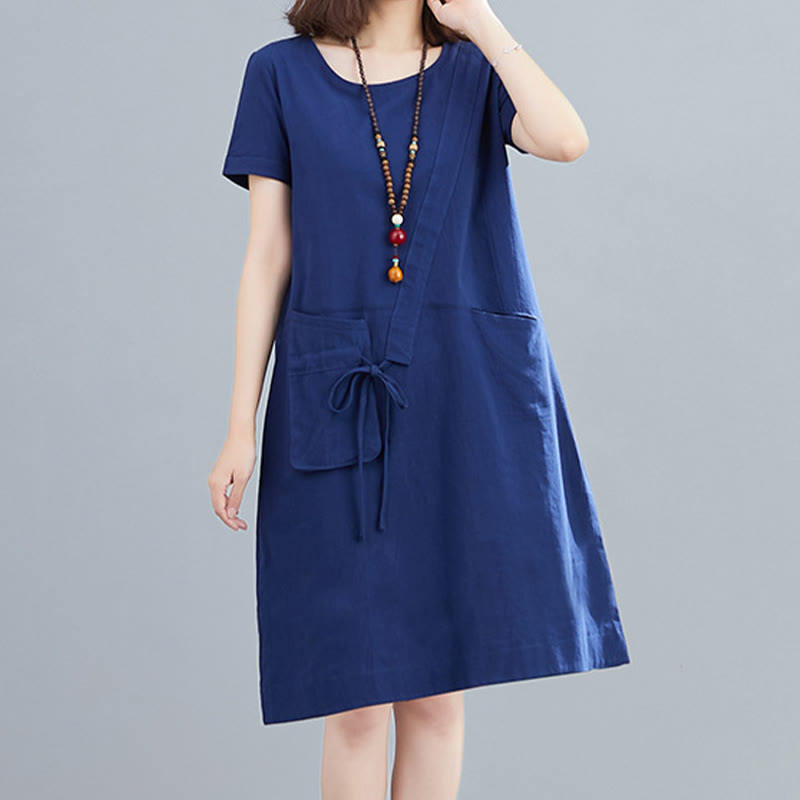 Buddha Stones Sommer-Midikleid aus Baumwolle und Leinen mit Taschen, leger, einfarbig, mit Schnürung, Rundhalsausschnitt, kurzärmlig - Mittelblau - US8-10， UK/AU12-14，EU40-42 (2XL) - image 21
