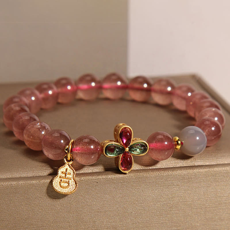Buddha Stones Erdbeerquarz Vierblättriges Kleeblatt Glückskürbis Heilarmband
