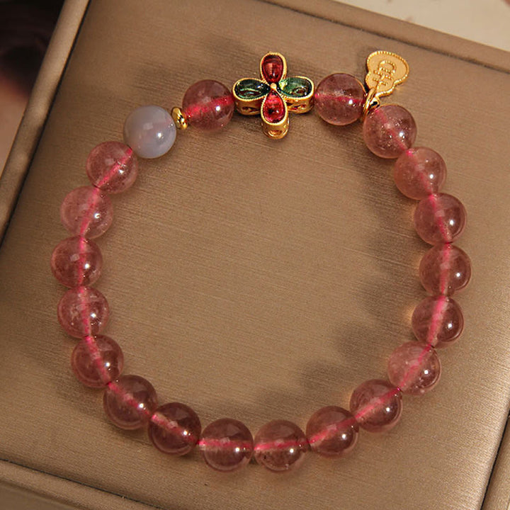 Buddha Stones Erdbeerquarz Vierblättriges Kleeblatt Glückskürbis Heilarmband