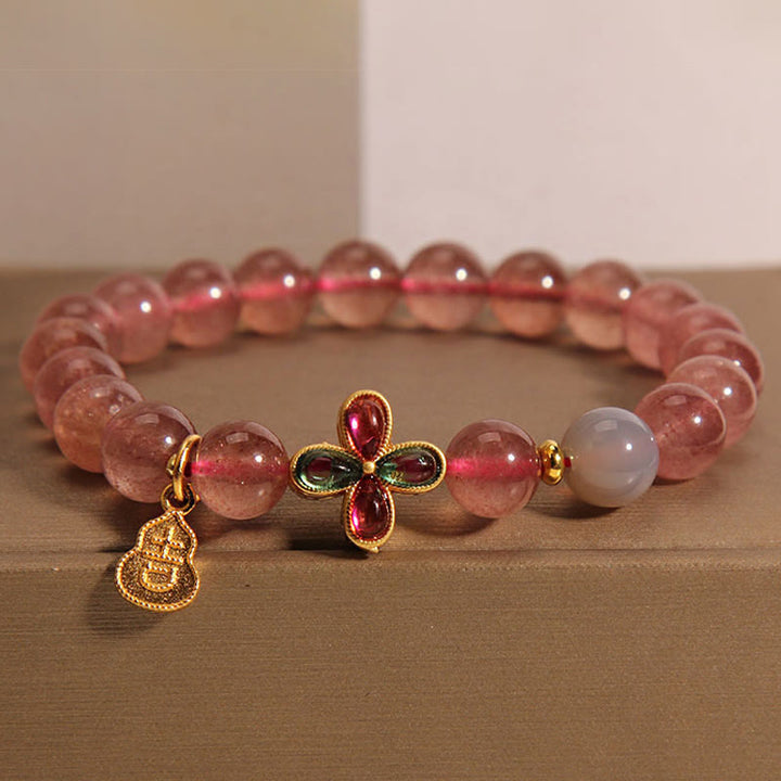 Buddha Stones Erdbeerquarz Vierblättriges Kleeblatt Glückskürbis Heilarmband
