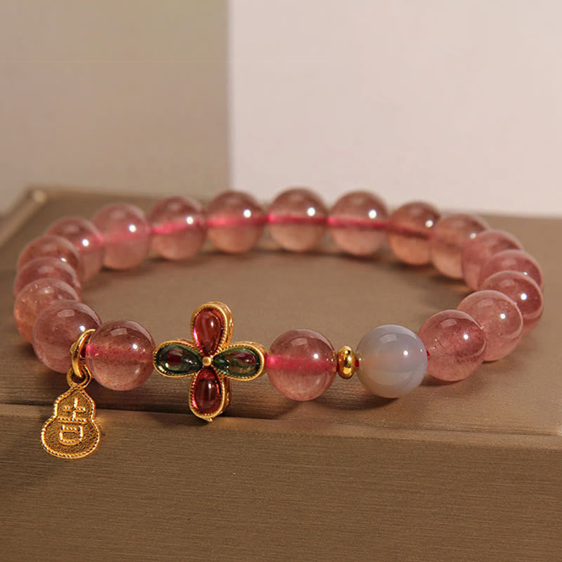 Buddha Stones Erdbeerquarz Vierblättriges Kleeblatt Glückskürbis Heilarmband