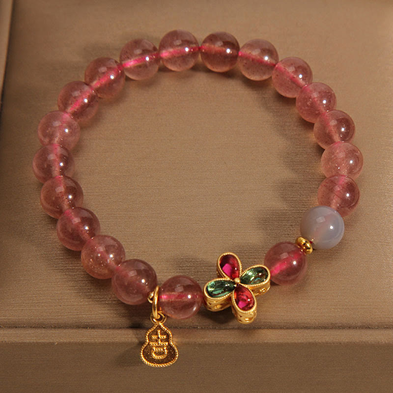 Buddha Stones Erdbeerquarz Vierblättriges Kleeblatt Glückskürbis Heilarmband