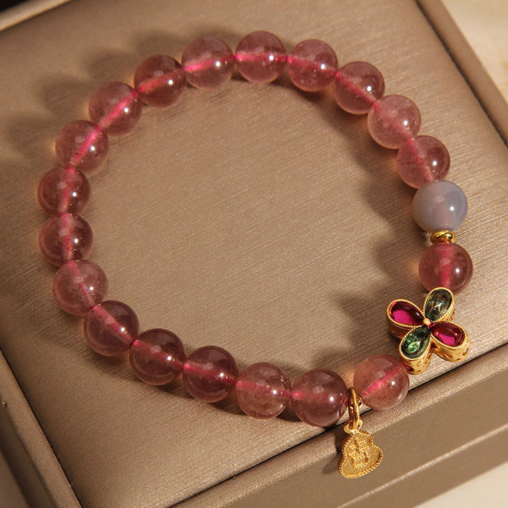 Buddha Stones Erdbeerquarz Vierblättriges Kleeblatt Glückskürbis Heilarmband