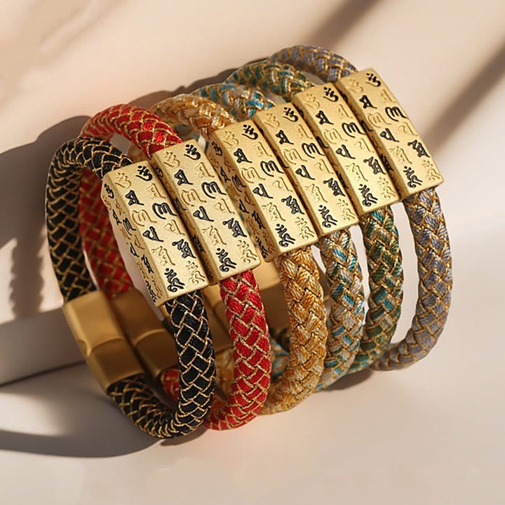 Armband mit Buddha Stones, tibetisch, Om Mani Padme Hum, verschiedene Farben, Seil, Goldfaden, Diamantknoten, Glücksschnalle