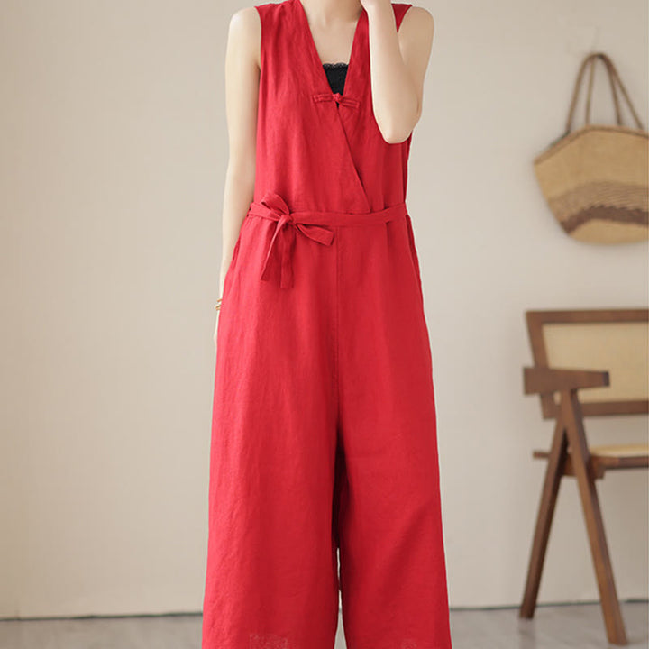 Buddha Stones Lässiger Damen-Overall aus Baumwollleinen mit Schnürung und schlichtem ärmellosem Design mit Taschen - image 8