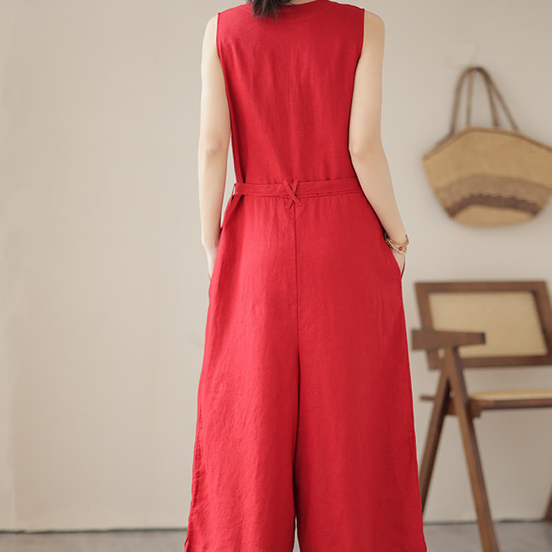 Buddha Stones Lässiger Damen-Overall aus Baumwollleinen mit Schnürung und schlichtem ärmellosem Design mit Taschen - image 9