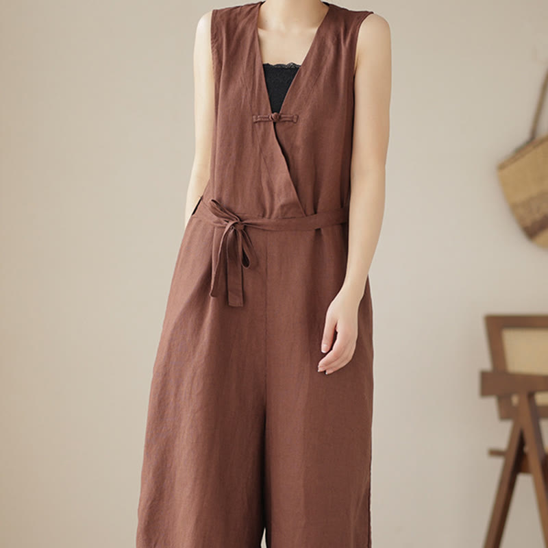 Buddha Stones Lässiger Damen-Overall aus Baumwollleinen mit Schnürung und schlichtem ärmellosem Design mit Taschen - image 3