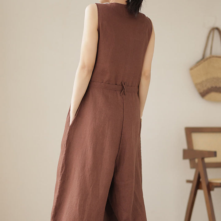 Buddha Stones Lässiger Damen-Overall aus Baumwollleinen mit Schnürung und schlichtem ärmellosem Design mit Taschen - image 4