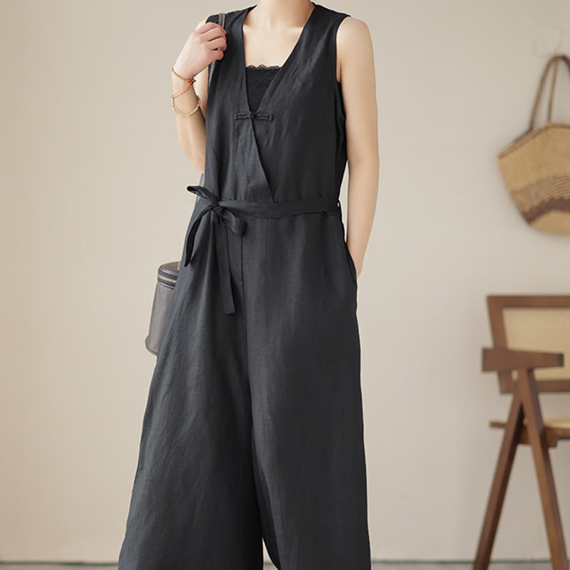 Buddha Stones Lässiger Damen-Overall aus Baumwollleinen mit Schnürung und schlichtem ärmellosem Design mit Taschen - image 19