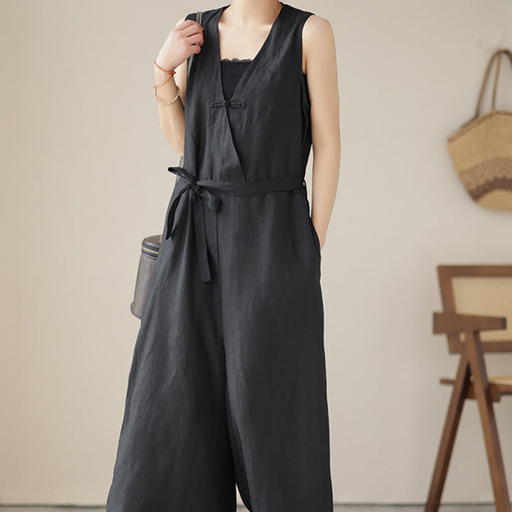 Buddha Stones Lässiger Damen-Overall aus Baumwollleinen mit Schnürung und schlichtem ärmellosem Design mit Taschen - image 19