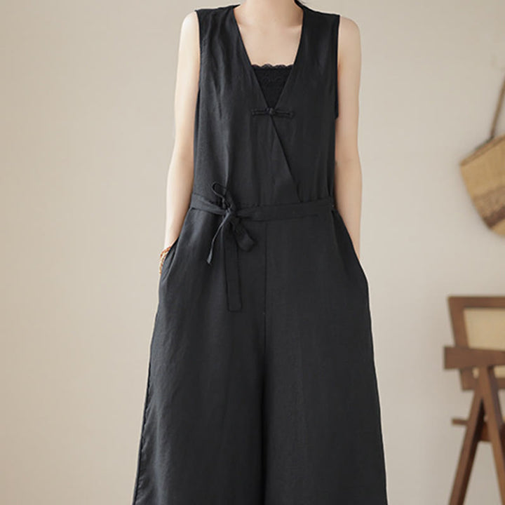 Buddha Stones Lässiger Damen-Overall aus Baumwollleinen mit Schnürung und schlichtem ärmellosem Design mit Taschen - image 18