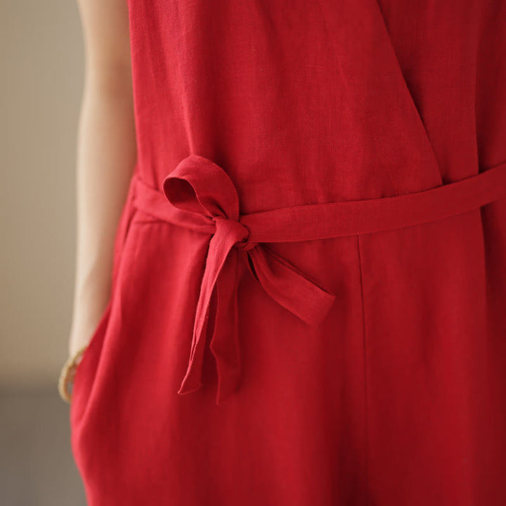 Buddha Stones Lässiger Damen-Overall aus Baumwollleinen mit Schnürung und schlichtem ärmellosem Design mit Taschen - image 15