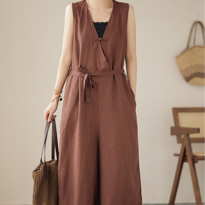 Buddha Stones Lässiger Damen-Overall aus Baumwollleinen mit Schnürung und schlichtem ärmellosem Design mit Taschen - image 1