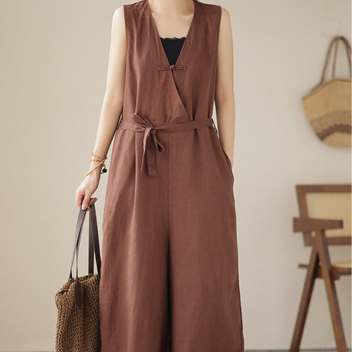 Buddha Stones Lässiger Damen-Overall aus Baumwollleinen mit Schnürung und schlichtem ärmellosem Design mit Taschen - image 1