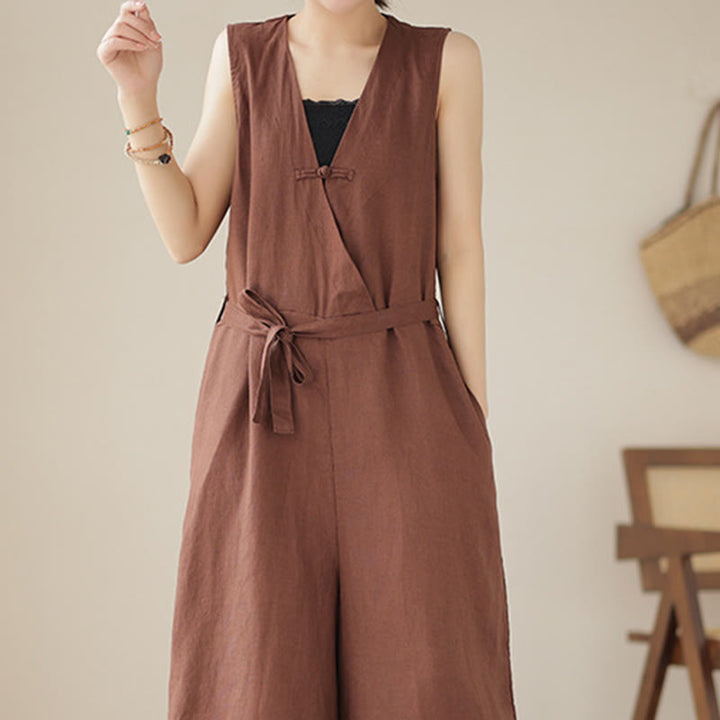 Buddha Stones Lässiger Damen-Overall aus Baumwollleinen mit Schnürung und schlichtem ärmellosem Design mit Taschen - image 2