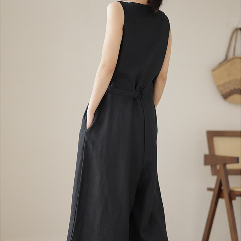 Buddha Stones Lässiger Damen-Overall aus Baumwollleinen mit Schnürung und schlichtem ärmellosem Design mit Taschen - image 20