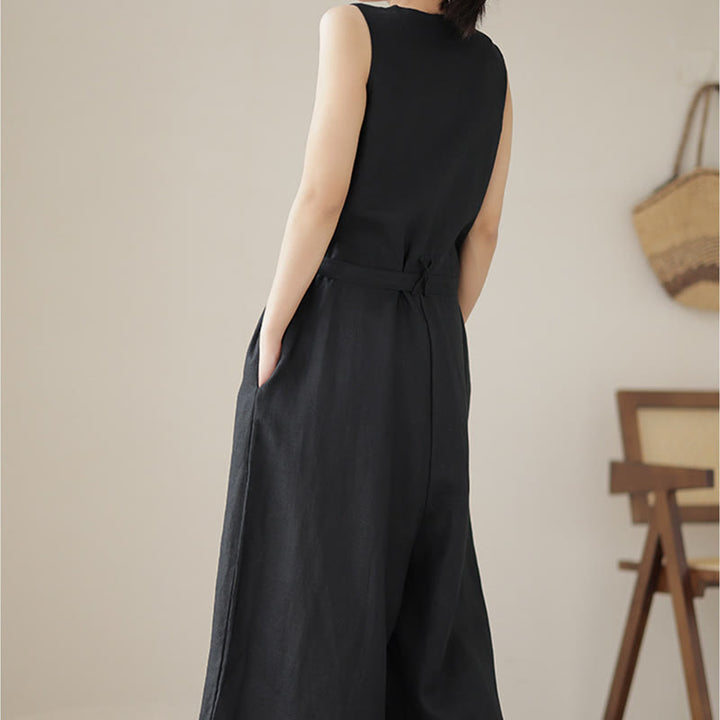 Buddha Stones Lässiger Damen-Overall aus Baumwollleinen mit Schnürung und schlichtem ärmellosem Design mit Taschen - image 20