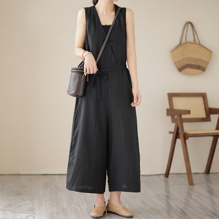 Buddha Stones Lässiger Damen-Overall aus Baumwollleinen mit Schnürung und schlichtem ärmellosem Design mit Taschen - image 17