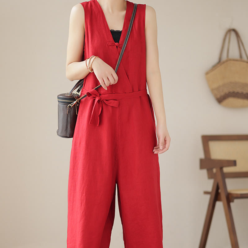 Buddha Stones Lässiger Damen-Overall aus Baumwollleinen mit Schnürung und schlichtem ärmellosem Design mit Taschen - image 11