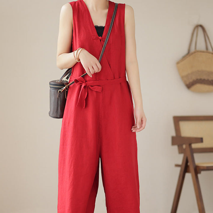 Buddha Stones Lässiger Damen-Overall aus Baumwollleinen mit Schnürung und schlichtem ärmellosem Design mit Taschen - image 11