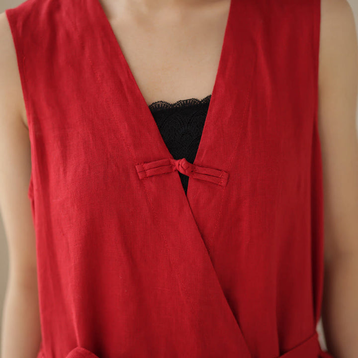 Buddha Stones Lässiger Damen-Overall aus Baumwollleinen mit Schnürung und schlichtem ärmellosem Design mit Taschen - image 13