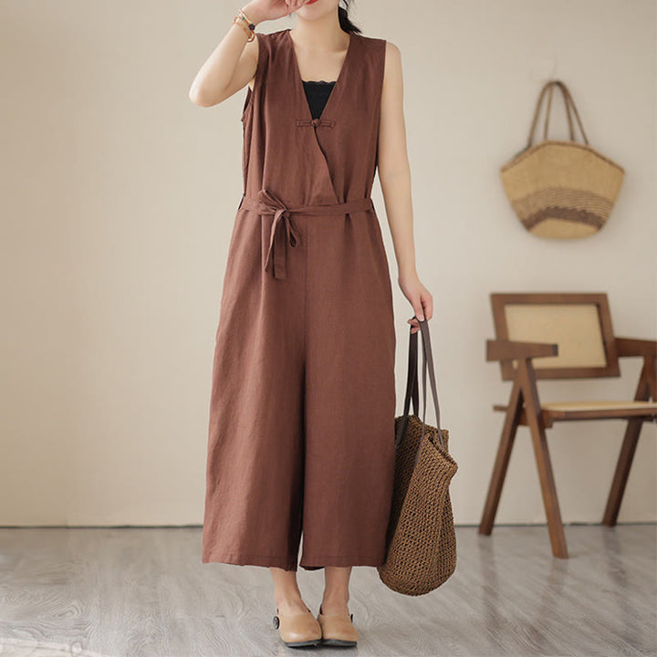 Buddha Stones Lässiger Damen-Overall aus Baumwollleinen mit Schnürung und schlichtem ärmellosem Design mit Taschen - Sattelbraun - US14, UK/AU18, EU46 (2XL) - image 0