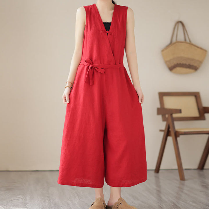 Buddha Stones Lässiger Damen-Overall aus Baumwollleinen mit Schnürung und schlichtem ärmellosem Design mit Taschen - Rot - US14， UK/AU18，EU46 (2XL) - image 6