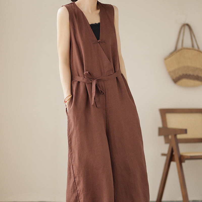 Buddha Stones Lässiger Damen-Overall aus Baumwollleinen mit Schnürung und schlichtem ärmellosem Design mit Taschen - image 5