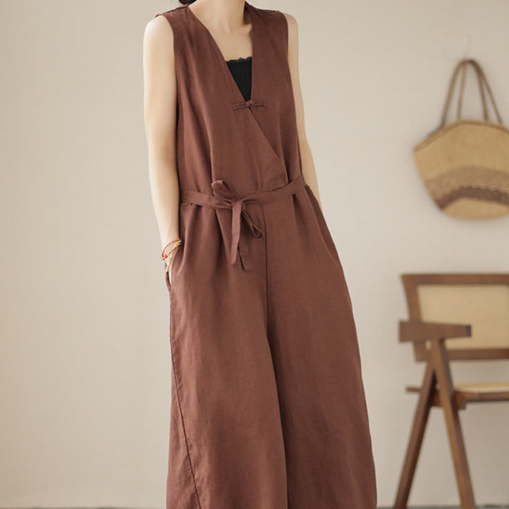 Buddha Stones Lässiger Damen-Overall aus Baumwollleinen mit Schnürung und schlichtem ärmellosem Design mit Taschen - image 5