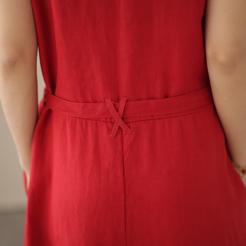 Buddha Stones Lässiger Damen-Overall aus Baumwollleinen mit Schnürung und schlichtem ärmellosem Design mit Taschen - image 14