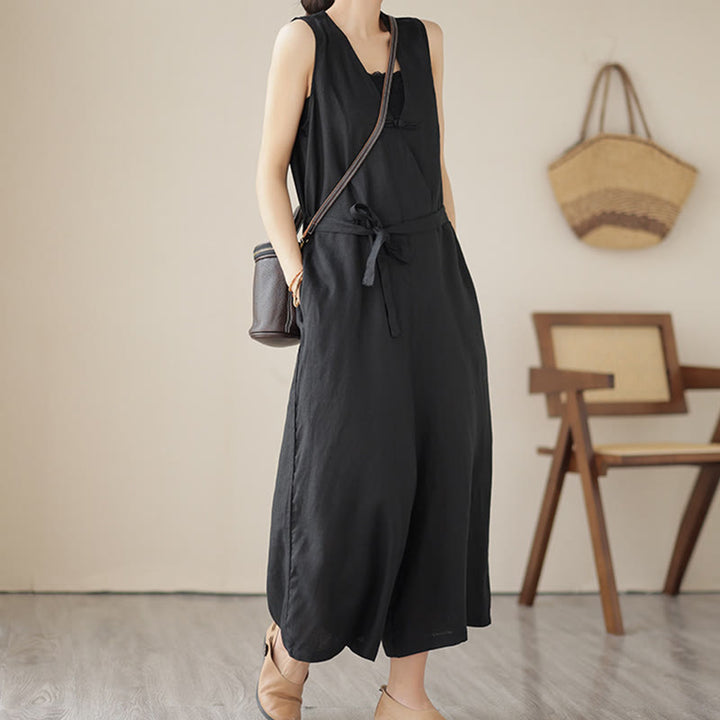 Buddha Stones Lässiger Damen-Overall aus Baumwollleinen mit Schnürung und schlichtem ärmellosem Design mit Taschen - Schwarz - US14, UK/AU18, EU46 (2XL) - image 16