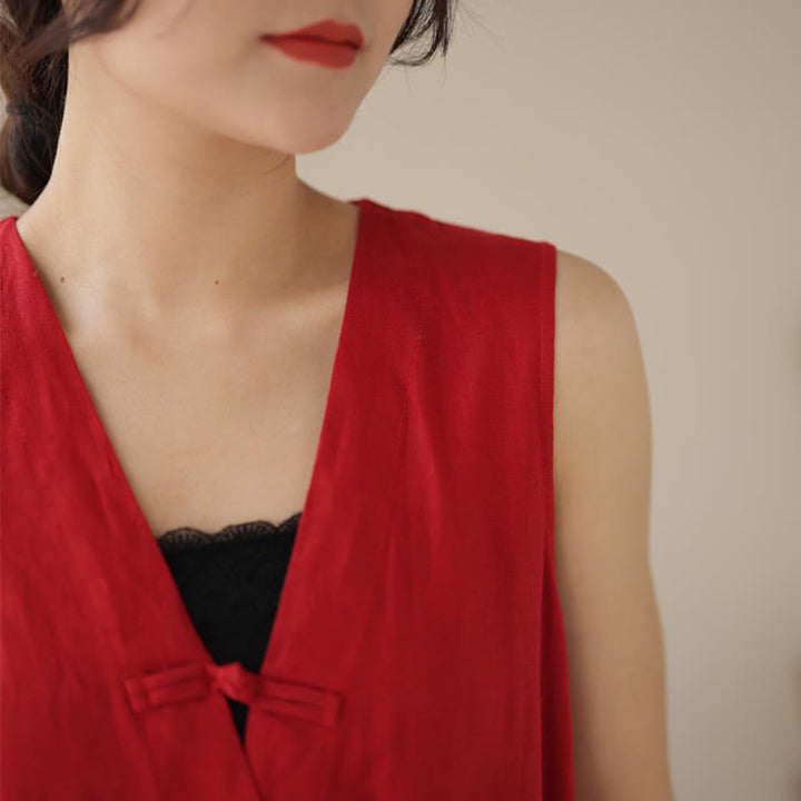 Buddha Stones Lässiger Damen-Overall aus Baumwollleinen mit Schnürung und schlichtem ärmellosem Design mit Taschen - image 12