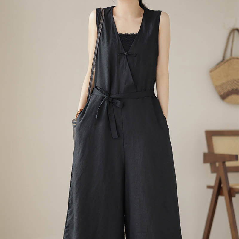 Buddha Stones Lässiger Damen-Overall aus Baumwollleinen mit Schnürung und schlichtem ärmellosem Design mit Taschen - image 21