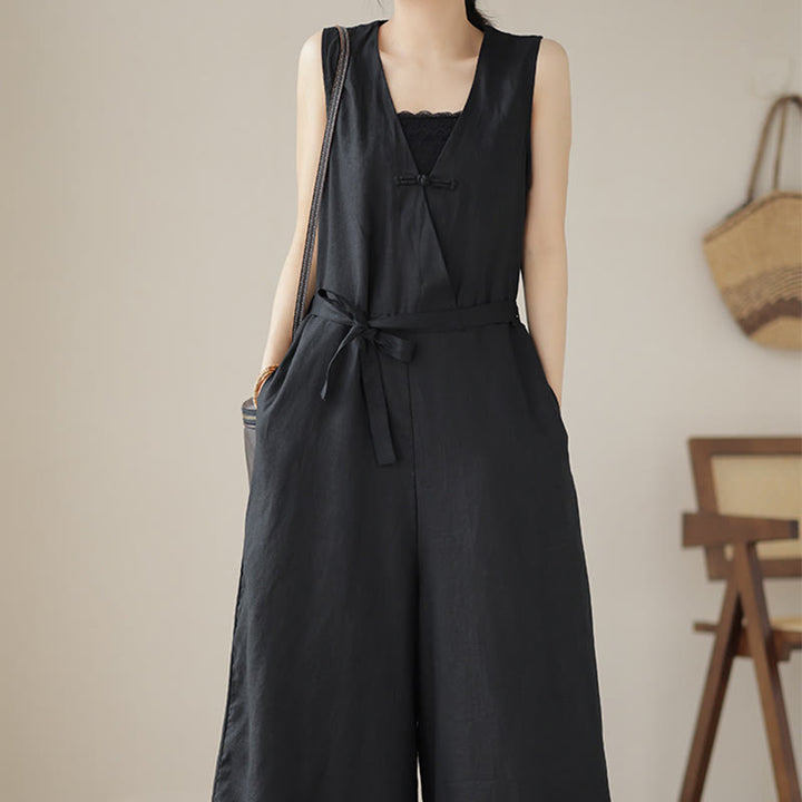 Buddha Stones Lässiger Damen-Overall aus Baumwollleinen mit Schnürung und schlichtem ärmellosem Design mit Taschen - image 21