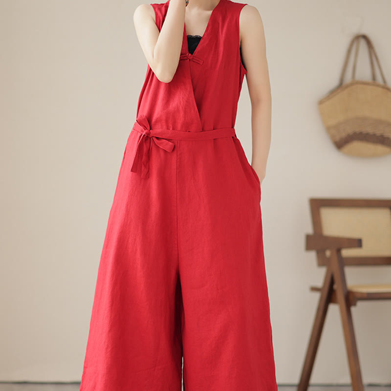 Buddha Stones Lässiger Damen-Overall aus Baumwollleinen mit Schnürung und schlichtem ärmellosem Design mit Taschen - image 10