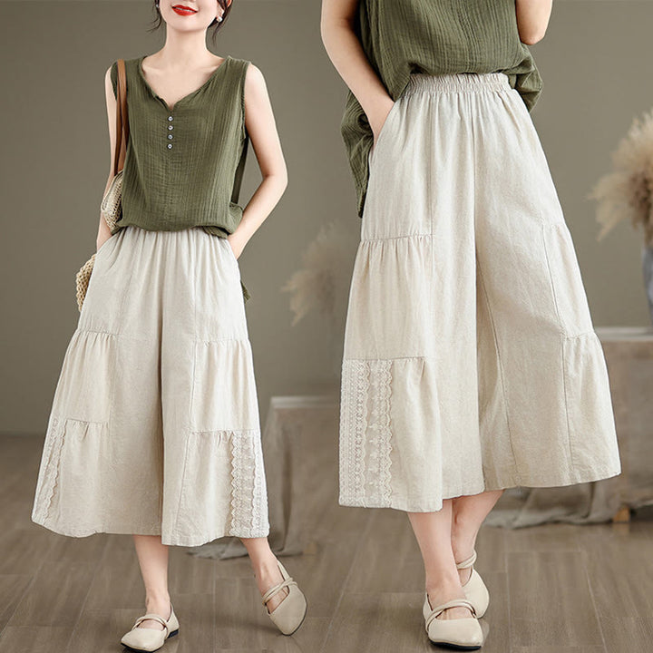 Buddha Stones Lässige, schlichte Baumwollhose mit Spitzeneinsatz, verkürztem Bein und Taschen für Damen - image 10