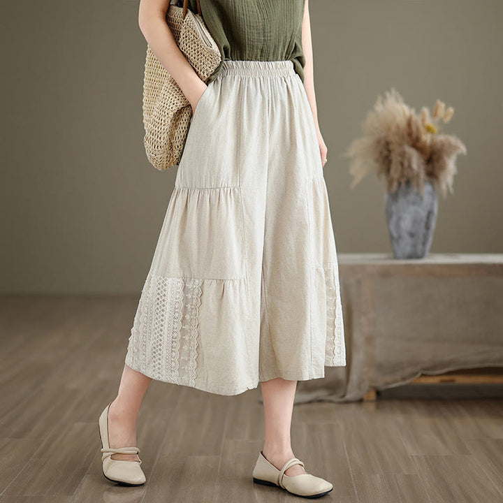 Buddha Stones Lässige, schlichte Baumwollhose mit Spitzeneinsatz, verkürztem Bein und Taschen für Damen - Beige - US 8-10, UK/AU 12-14, EU 40-42 (2XL) - image 0