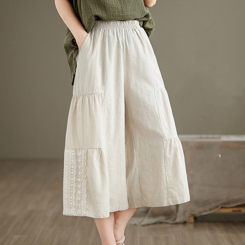 Buddha Stones Lässige, schlichte Baumwollhose mit Spitzeneinsatz, verkürztem Bein und Taschen für Damen - image 5