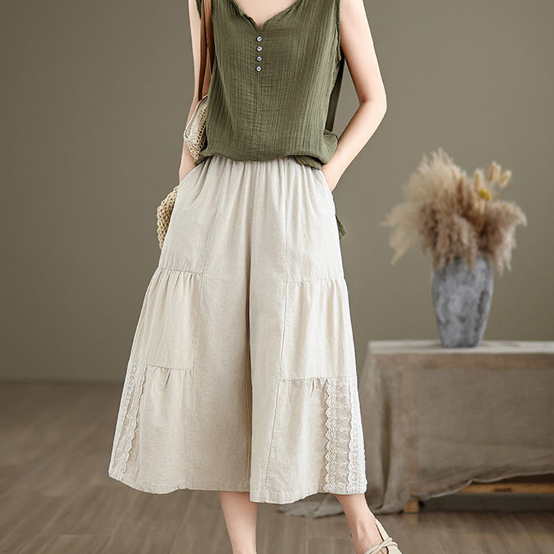 Buddha Stones Lässige, schlichte Baumwollhose mit Spitzeneinsatz, verkürztem Bein und Taschen für Damen - image 1