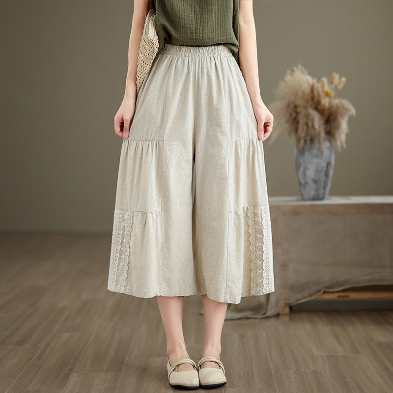 Buddha Stones Lässige, schlichte Baumwollhose mit Spitzeneinsatz, verkürztem Bein und Taschen für Damen - image 3